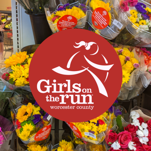 Girls on the Run Logo overlayed with an image of Hannaford's Bloomin 4 Good bouquets